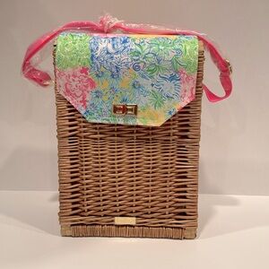 NEW LILLY PULITZER Wicker Wine Carrier Case 2 Bottles Bag